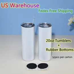 US Warehouse 20oz Straight Sublimation Tumblers Clear Straws Rubber Bottoms Stainless Steel Glossy blank white Double wall Vacuum Insulated water cup