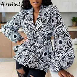Coats and Jackets Women V Neck Fashion African Style for Printing Cardigan Strappy Lantern Sleeve 's Jacket 210914