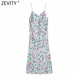 Zevity kvinnor sexig v neck blommig tryck inre stil sling klänning kvinnlig spaghetti rem spets upp vestidos chic sommar klänningar DS8279 210603