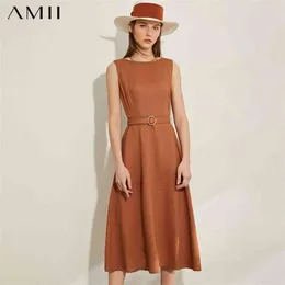 Minimalismus Frühling Sommer Vintage Solide Ärmellose Frauen Kleid Kausalen Dame Hohe Taille Oneck Gürtel Weibliche 12030124 210527