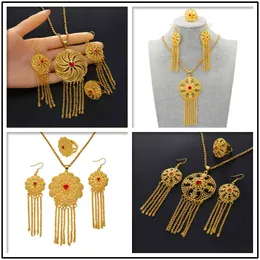 Anniyo Ethiopian Pendant Necklace Earrings Ring Openable for Women Dubai Jewelry sets African Wedding Gifts Jewellery #069506