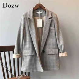 한국 스타일 세련된 격자 무늬 블레이저 여성 사무실 착용 긴 소매 여성 자켓 빈티지 느슨한 포켓 더블 브레스트 코트 210515
