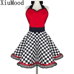 XiuMood Apron Home Cleaning Kitchen el Restaurant Waiter Maid Cotton Black And White Plaid Chiffon Lace Aprons For Wom n 210625