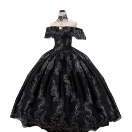 Vintage Gothic Black Ball Gown Wedding Dresses Embroidery Lace Corset Plus Size Bride Gowns Off Shoulder Bridal Dress 2022