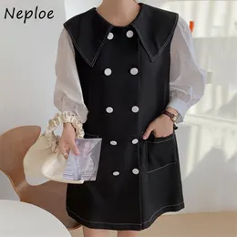 Estilo de trabalho Ol Vestido Solto Mulheres Cintura Alta Cintura Dupla Mama Design Vestidos Longa Manga Mola Robe 210422