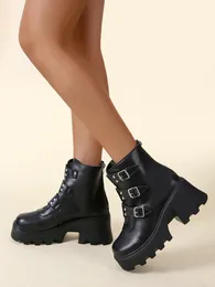 Biker Combat Boots Kvinnor Plattformar Chunky Block High Heel Punk Shoes Gothic Rivet Spänne Ankel Militär Stor storlek 34-40