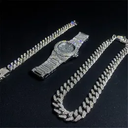 Halskette + Uhr + Armband 3-teiliges Set Hip Hop Miami Curb Cuban Chain Gold Full Iced Out gepflasterte Strasssteine CZ Bling für Herrenschmuck