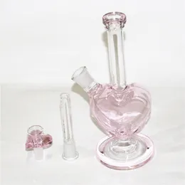 9 inch Pink Color Heart Shape Glass Bong Hookah Shisha Dab Rigs Smoking Water Pipes with 14mm Dry Herb Bowls