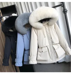 Winter Jacket Women Large Natural Down Coat Thick Parkas Warm Sash Tie Up Zipper Down Snow Outerwear with not fur collar