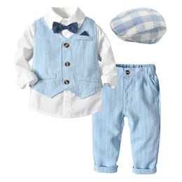 衣料品セット長袖男子服スーツ幼児キッズウェディングフォーマルパーティーストライプ1-5年ベイビー帽子ベストシャツパンツ少年のアウターウェア
