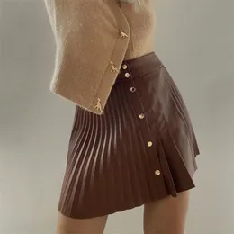 Solid Pu Leather Skirt High Waist Buttons Elegant Mini Pleated Asymmetrical Fashion Faldas Cortas Women Autumn 210427