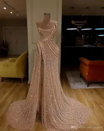 2022 Long Train Gold Mermaid Evening Dresses High Split Evening Dress Formal Evening Gowns robe de soiree Abendkleider BC2993