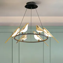 Postmodernism Loft Living Sala Restaurante LED Candelabro Lâmpadas Arte Gold Magpie Pássaro Decoração de Casa Iluminação Luminária Suspensão