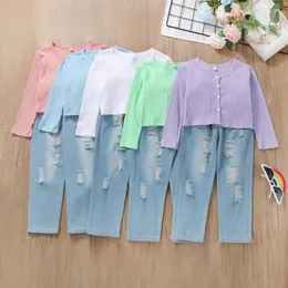 キッズ服セット女の子の衣装子供編み具の編み物+穴のデニムパンツ2本/セット春秋のファッションブティックベビー服