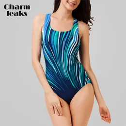 Charmleki Kobiety Swimwear Geometria Drukuj Kolorblock Swimsuit Kostium Kąpielowy Monokini Bikini 210712