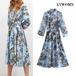 LVWOMN Za Dress Women Print Long Shirt Dress Woman 2021 Vintage French Elegant Tie Belt Long Sleeve Female Casual Dresses X0521