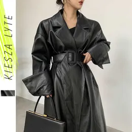 Kobiety PU Kurtka z pasem Faux PU Leather Trench Coat Kurtki Moda Jesień Sexy High Street Windbreaker Znosić 210608