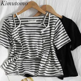 Kimutomo Chic Çizgili Kadın Takım Elbise Yaz Kore Moda Giyim Kadın Kısa Tek Göğüslü T-shirt + Örgü Sling 2 Parça 210521
