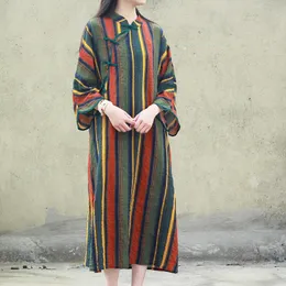 ジョニーチャーサマーファッションレトロプレートバックルスタンドポケットストライプドレスコットンリネン快適な女性Cheongsam Dress 210521