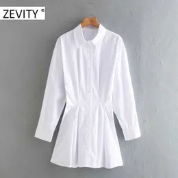 Zevity女性のファッションプリーツ装飾ホワイトシャツのドレスオフィスの女性長袖バック弾性カジュアル獣姦シックなドレスDS4443 210603