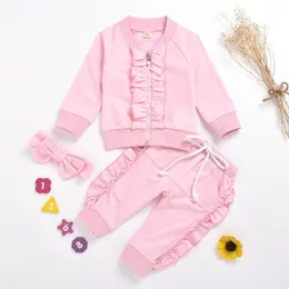 Summer Children Sets Casual Long Sleeve Zipper Coat Ruffles Pants Hair Band Pink Cute 2Pcs Girls Clothes 1-6T 210629