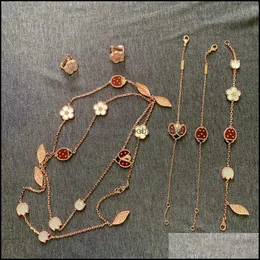 Bransoletka Naszyjnik Zestawy Biżuterii Marka Pure 925 Sterling Sier Na Kobiety Biedronka Cherry Leaf Wedding Set Kolczyki Luksusowa Rose Drop Dostawa 2