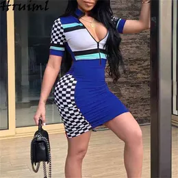 Bodycon Dress Women Stitching Printing Zipper Short Sleeve Summer for Casual Office Lady Mini Sukienka Damska 210513