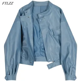 Spring Women Blue Faux Leather Jacket Ladies Moto Biker Streetwear Fickor Loose Short Fashion Pu Overcoat 210430