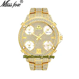 MissFox Eternity V305 Hip Hop Fashion Męskie Zegarki 51mm CZ Diamond Inlay Multi Dial Ruch Kwarcowy Mężczyźni Zegarek Iced Out Diamonds Wezel Alloy Case Bransoletka