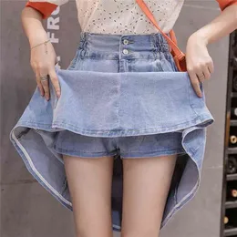 Denim skirt women's mid-length high waist A-line denim pleated puffy with pocket falda pantalon de mujer 210702