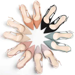 Buty dla kobiet sprężyna 6 cm cienkie wysokie obcasy Slingbacki żeńskie palce palec solidny stado Kobieta pompki biuro eleganckie sandały 210520