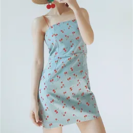 Women Holiday Beach Lovely Red Cherry Print Mini Party Dress Bodycon Short Slim Spaghetti Strap Dresses Vestidos 210608