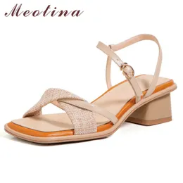 Meotina Women Shoes Genuine Leather Sandals High Heel Sandals Buckle Square Toe Shoes Thick Heel Ladies Footwear Summer Apricot 210608