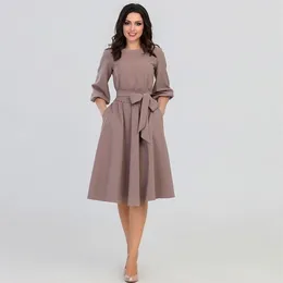 QRWR Summer Autumn Women Dress Solid Color High Waist A Line Ladies Midi Dresses Casual Puff Sleeve Vintage Dress Women 210630