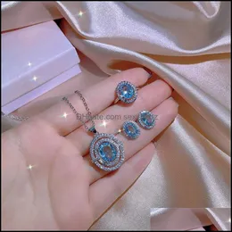 Örhängen Halsband Smycken Sats Ocean Blue Zircon Womens Set Tre-Piece Ring Bröllop Bridal Drop Leverans 2021 Zoyfx