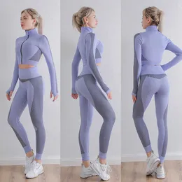 2 PC Long Sleeve Gym Cropped Top Seamless Leggings Yoga Set Workout Clothes Women Sport Suit Fitness Set Sports Bra Sportswear Y0625