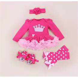 Baby Girl Full Sleeve Xmas Rompers Barn 4PCS Set Kläder Infantil Headband Legger Warm Shoes 210529