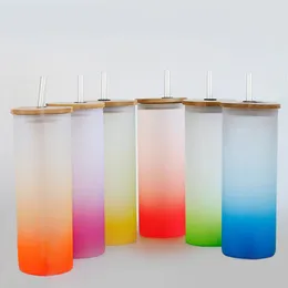 18 uncji Sublimacja Szklane Kubki Piwo Gradient Color Frosted Tumblers Butelka Wody Soda Can Szklany Kubek Picie szklanki z bambusową pokrywką i wielokrotnego użytku słomy mrożoną kawą