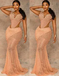 2021 Plus Size Arabski ASO EBI Syrenka Złota Koronki Prom Dresses Sheer Neck Zroszony Evention Formal Party Drugi Reception Suknie Dress Zj217