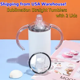 USA Stocks! 12oz Sublimation Straight Sippy Cup with 2 Lids Kids Tumbler for Children Vacuum Insulated Milk Bottles Double Wall Stainless Steel Nursing Bottle DIY