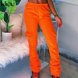 Kliou Fleece Solidne kieszenie dresowe Damskie Jesień Zima Streetwear Casual Spodnie Workout Aktywne spodnie Spodnie Kobiet stroje 210915