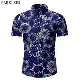 Psychedelic Flower Print Blue Shirt Män Sommar Kortärmad Slim Fit Button Down T Shirts Mens Party Holiday Beach Shirt Man 3XL 210522