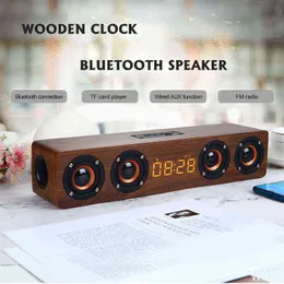 Caixa de som de madeira sem fio Bluetooth Despertador portátil Estéreo PC Sistema de TV Alto-falante de som de mesa Rádio FM Alto-falante de computador H1111