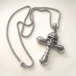 Birthday Gifts Silver Tone Stainless Steel Skull Cross Pendant Necklace Mens Boys Cool Jewelry 3mm 24 inch rolo chain