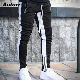 Mężczyźni Side Stripe Fashion Pocket Spodnie Casual Streetwear Jogger Pant Hip Hop Zipper Bottom Male Ołówek Spodnie Outdoor Sport Trouser 210616