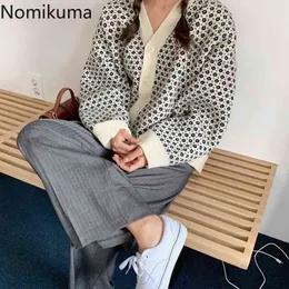 Nomikuma harajuku v pescoço cardigan mulheres Única manga longa de manga longa vintage camisola de malha feminina caual malha solta 3D923 210514