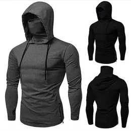 Fashion Men's Casual Solid Colors Hooded Hoodie Long Sleeves Open-Forked Mask Sweatshirt Sports Tracksuit Sudaderas Hombre#g3 211217