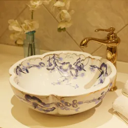 Blumenförmiges Europa-Waschbecken aus Keramik im Vintage-Stil, Badezimmer-Aufsatzwaschbecken, blaues und weißes Keramikwaschbecken