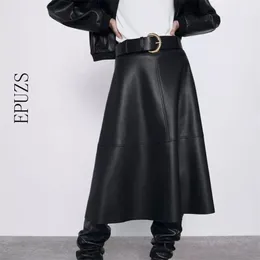 Vintage Black PU Läder Kjolar Kvinnor Högt midja Streetwear Casual Belt Office Midi Faldas Mujer 210521