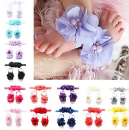 Baby Girls Flower Headbands Noworodka Dziewczyna Boso Sandały Pałąki Zestawy Stóp Kwiatowy Ornament Fotografia Rekwizyty Letnie Akcesoria do włosów D5709